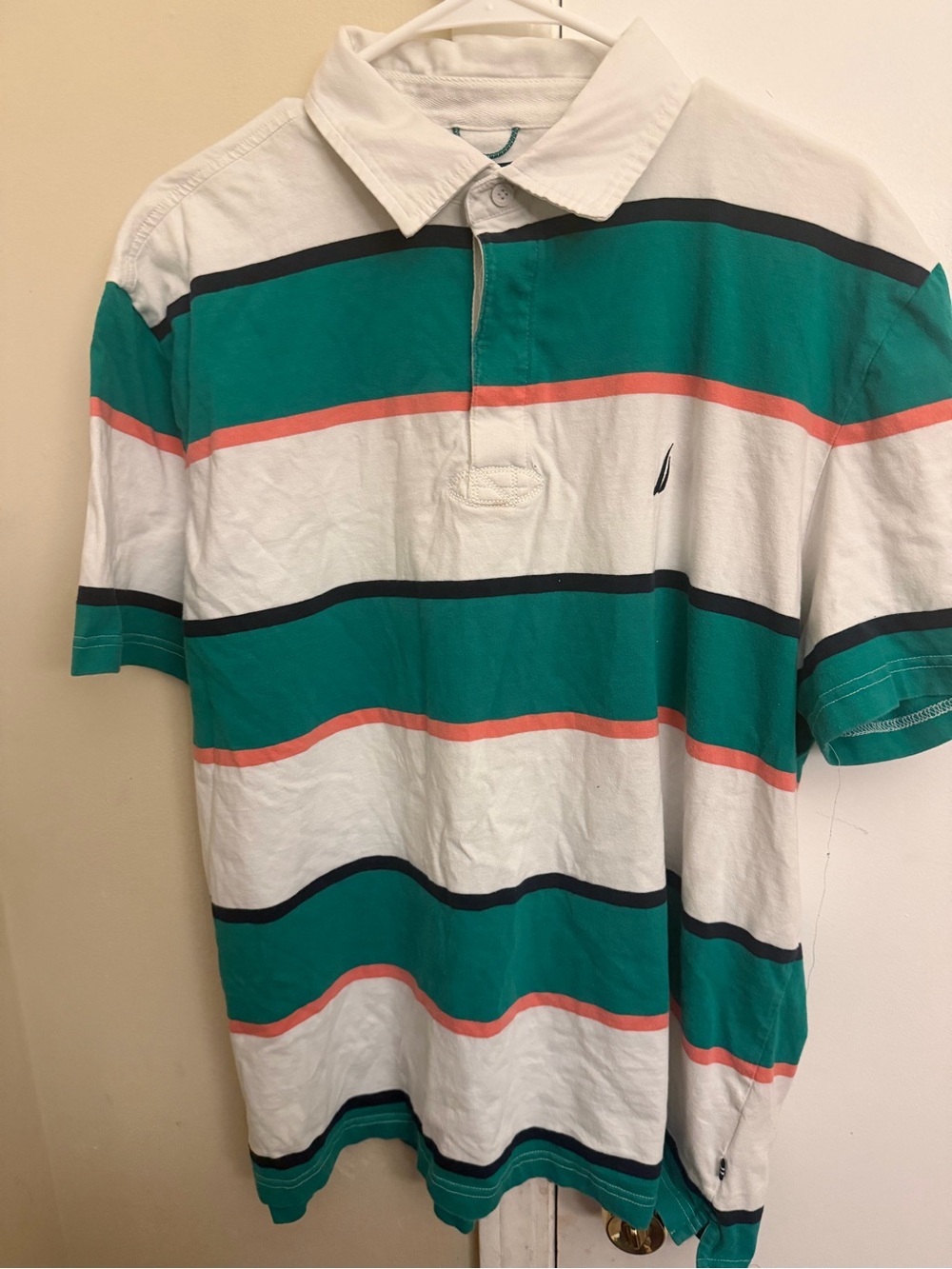 Nautica White, Teal & Coral Striped Polo